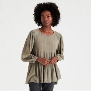 American Eagle Long Sleeve Babydoll Top Olive Green Open Back Size Medium
